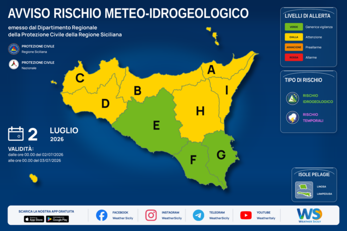 Mappa allerta meteo Sicilia per giovedì 02 luglio 2026: allerta gialla per rischio idrogeologico e rischio temporali Mappa allerta meteo Sicilia per giovedì 02 luglio 2026: allerta gialla per rischio idrogeologico e rischio temporali