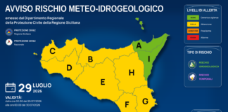 Meteo Sicilia: bollettino di allerta meteo per domani, mercoledì 29 luglio 2026 Mappa allerta meteo Sicilia per mercoledì 29 luglio 2026: allerta gialla per rischio idrogeologico e rischio temporali