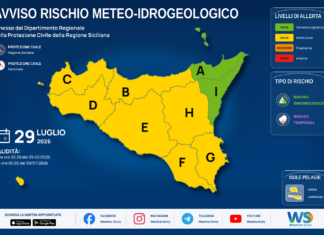 Meteo Sicilia: bollettino di allerta meteo per domani, mercoledì 29 luglio 2026 Mappa allerta meteo Sicilia per mercoledì 29 luglio 2026: allerta gialla per rischio idrogeologico e rischio temporali