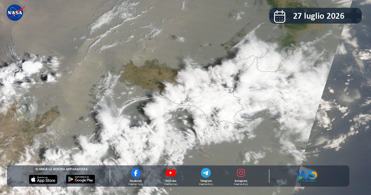 Meteo Sicilia: immagine satellitare NASA di lunedì 27 luglio 2026