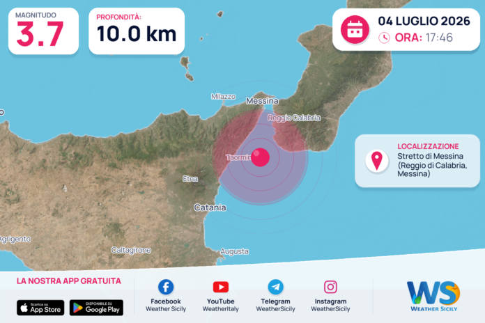 Scossa di terremoto magnitudo 3.7 nei pressi di Stretto di Messina (Reggio di Calabria, Messina)