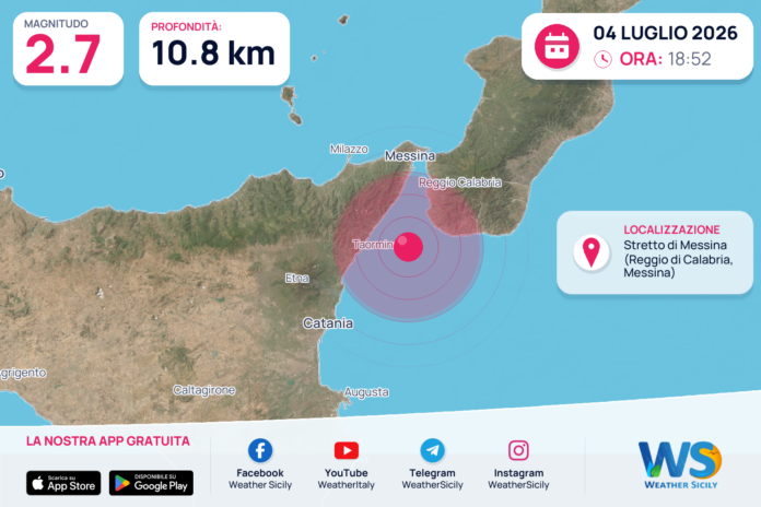 Scossa di terremoto magnitudo 2.7 nei pressi di Stretto di Messina (Reggio di Calabria, Messina)