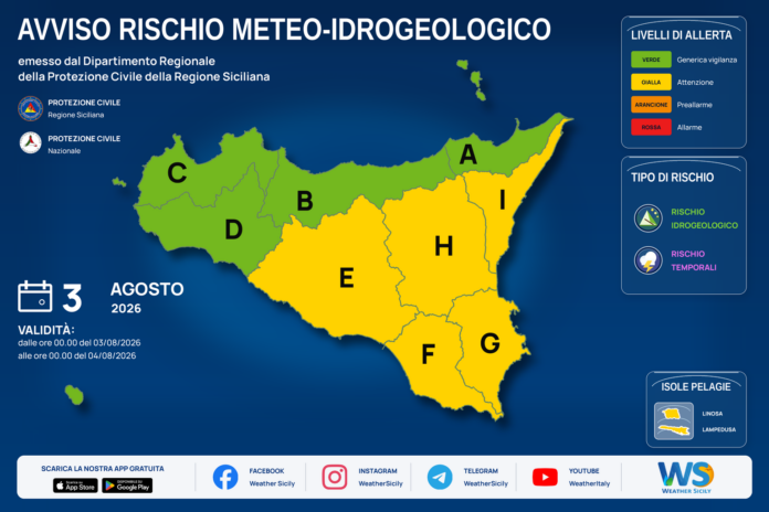 Mappa allerta meteo Sicilia per lunedì 03 agosto 2026: allerta gialla per rischio idrogeologico e rischio temporali Mappa allerta meteo Sicilia per lunedì 03 agosto 2026: allerta gialla per rischio idrogeologico e rischio temporali