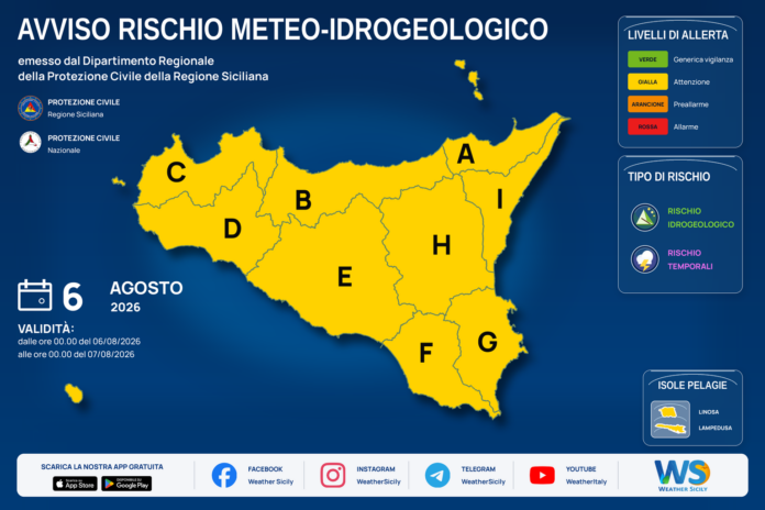 Mappa allerta meteo Sicilia per giovedì 06 agosto 2026: allerta gialla per rischio idrogeologico e rischio temporali Mappa allerta meteo Sicilia per giovedì 06 agosto 2026: allerta gialla per rischio idrogeologico e rischio temporali