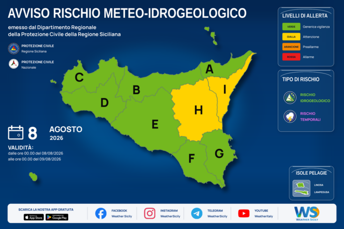 Mappa allerta meteo Sicilia per sabato 08 agosto 2026: allerta gialla per rischio idrogeologico e rischio temporali Mappa allerta meteo Sicilia per sabato 08 agosto 2026: allerta gialla per rischio idrogeologico e rischio temporali