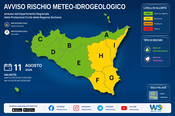 Mappa allerta meteo Sicilia per martedì 11 agosto 2026: allerta gialla per rischio idrogeologico e rischio temporali Mappa allerta meteo Sicilia per martedì 11 agosto 2026: allerta gialla per rischio idrogeologico e rischio temporali