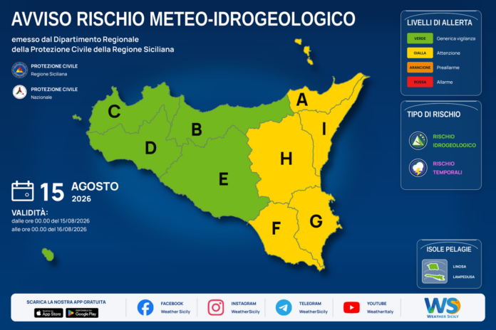 Mappa allerta meteo Sicilia per sabato 15 agosto 2026: allerta gialla per rischio idrogeologico e rischio temporali Mappa allerta meteo Sicilia per sabato 15 agosto 2026: allerta gialla per rischio idrogeologico e rischio temporali