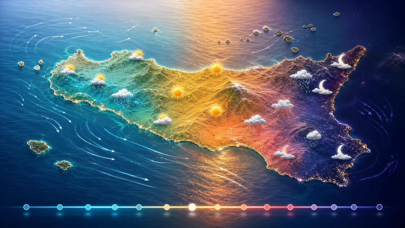 Illustrazione della mappa previsioni della Sicilia con evoluzione dal mattino alla sera