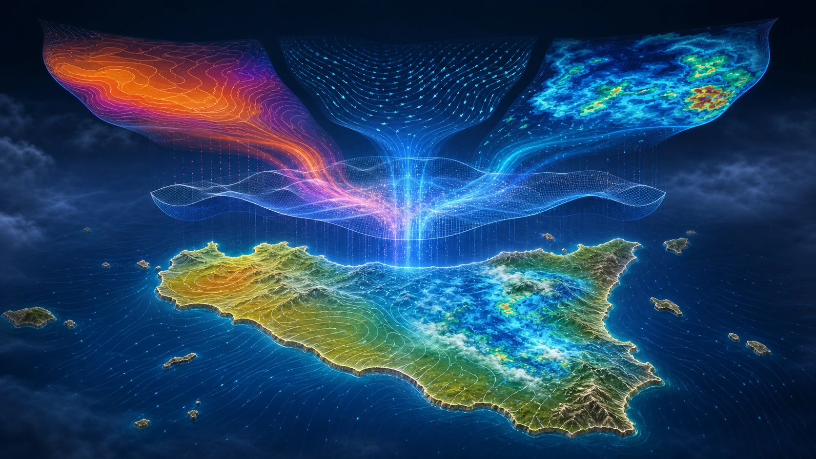 Illustrazione scientifica di più flussi previsionali che convergono in una previsione unica sulla Sicilia