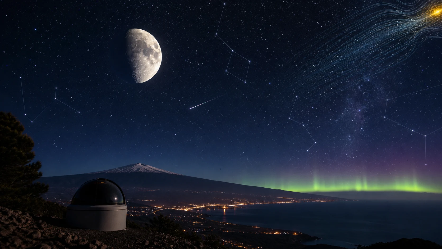 Illustrazione astronomica della Sicilia con Luna, stelle, meteora, osservatorio e attività geomagnetica