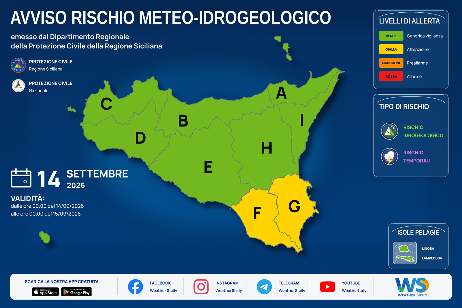 Mappa del bollettino regionale per lunedì 14 settembre 2026. Livello massimo: Allerta gialla · Attenzione. Zone e rischi descritti nella sezione successiva.