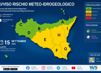 Meteo Sicilia: bollettino di allerta meteo per domani, martedì 15 settembre 2026 Mappa allerta meteo Sicilia per martedì 15 settembre 2026: allerta gialla per rischio idrogeologico e rischio temporali