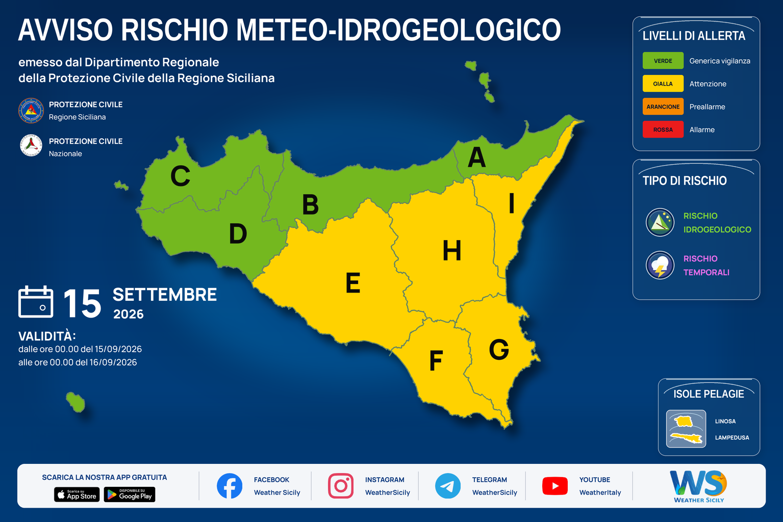 Mappa del bollettino regionale per martedì 15 settembre 2026. Livello massimo: Allerta gialla · Attenzione. Zone e rischi descritti nella sezione successiva.