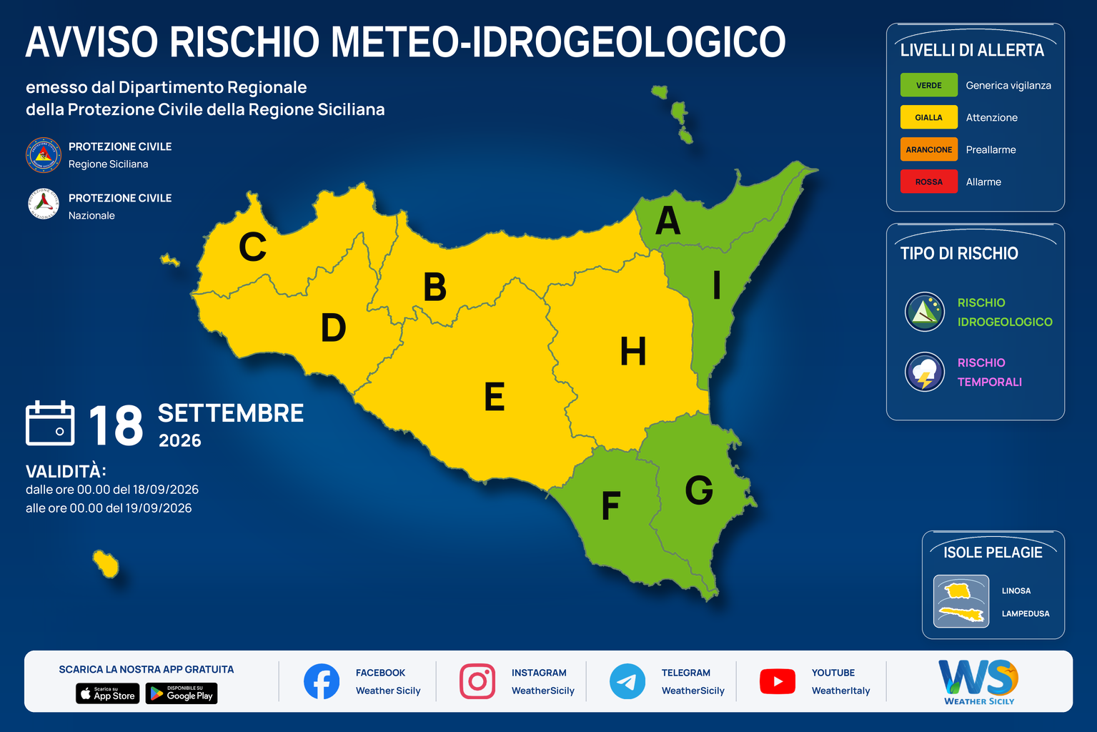 Mappa del bollettino regionale per venerdì 18 settembre 2026. Livello massimo: Allerta gialla · Attenzione. Zone e rischi descritti nella sezione successiva.