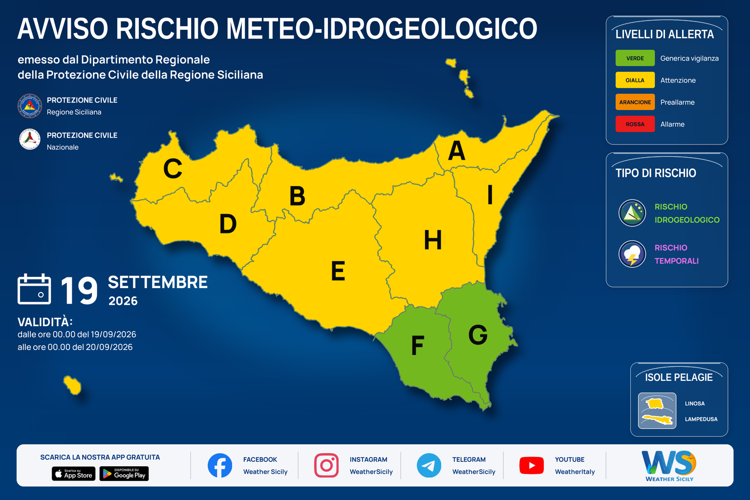 Mappa del bollettino regionale per sabato 19 settembre 2026. Livello massimo: Allerta gialla · Attenzione. Zone e rischi descritti nella sezione successiva.