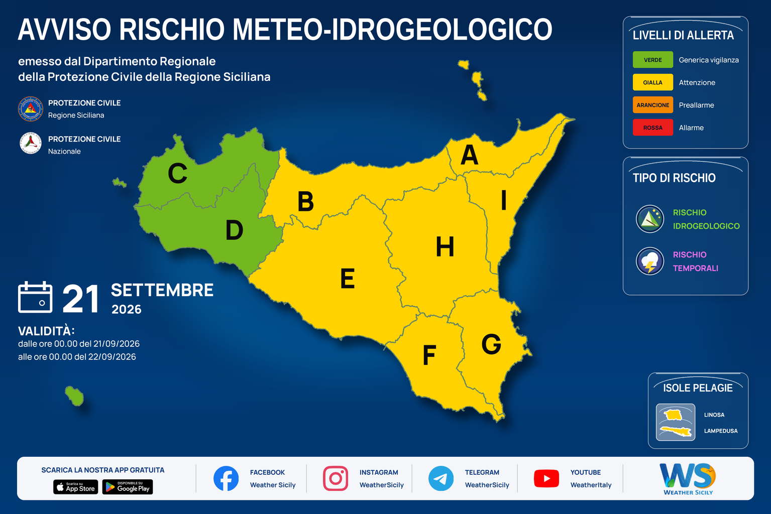 Mappa del bollettino regionale per lunedì 21 settembre 2026. Livello massimo: Allerta gialla · Attenzione. Zone e rischi descritti nella sezione successiva.