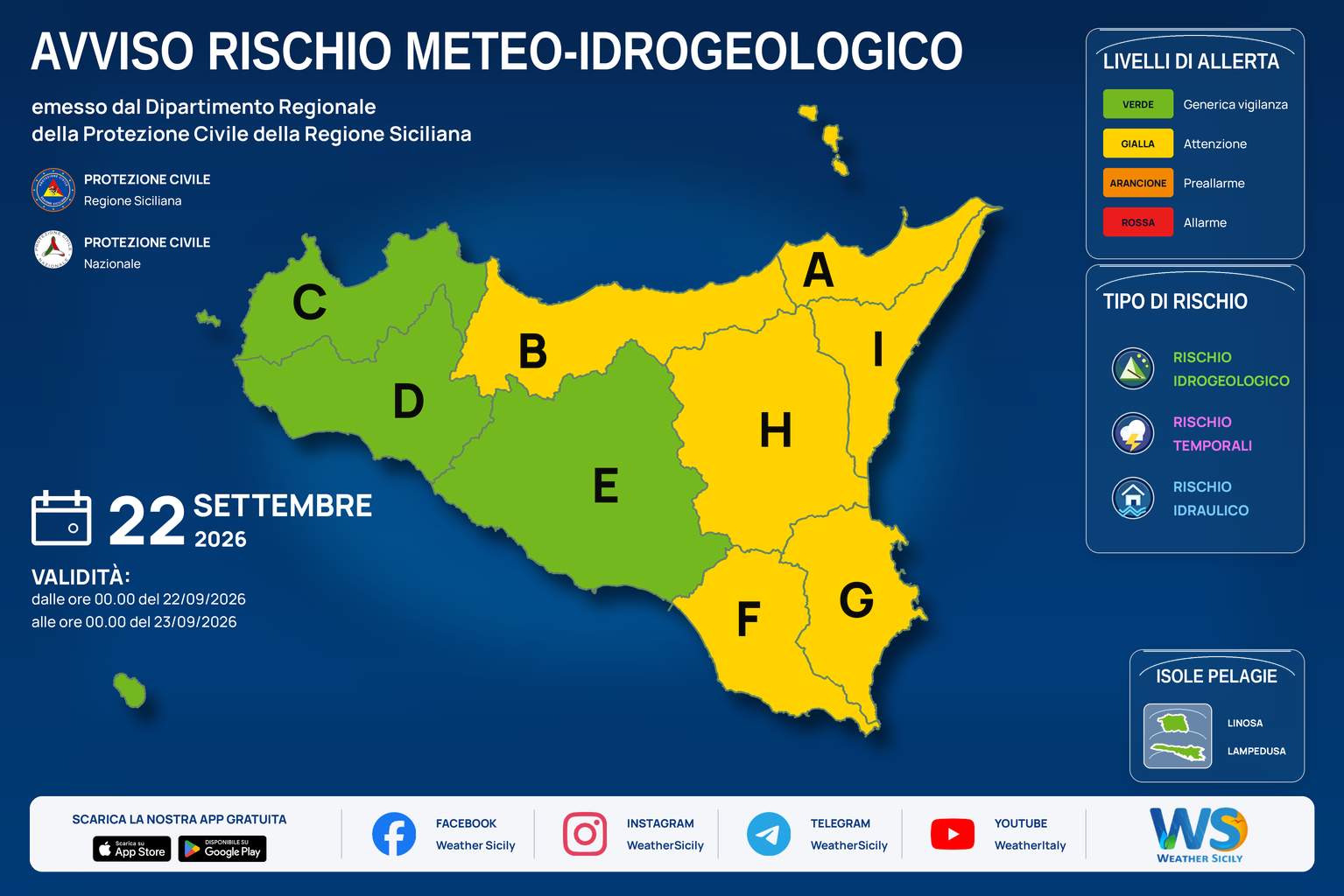 Mappa del bollettino regionale per martedì 22 settembre 2026. Livello massimo: Allerta gialla · Attenzione. Zone e rischi descritti nella sezione successiva.