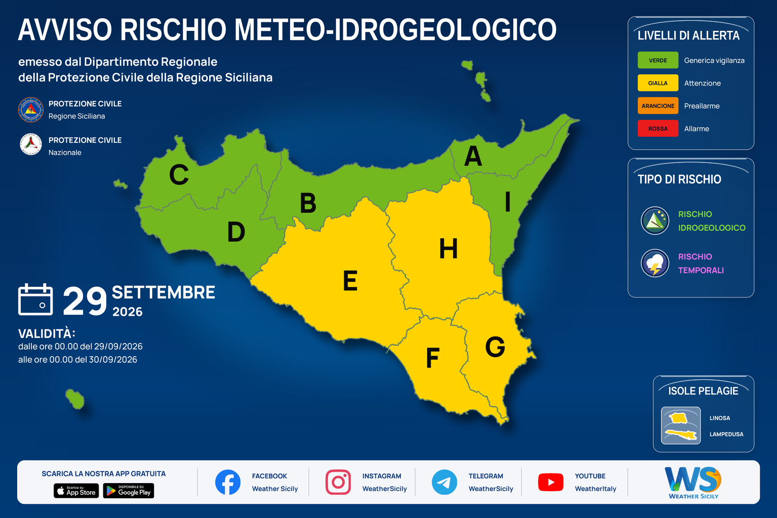 Mappa del bollettino regionale per martedì 29 settembre 2026. Livello massimo: Allerta gialla · Attenzione. Zone e rischi descritti nella sezione successiva.