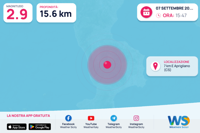 Terremoto M2,9 – 7 km E Aprigliano (CS) – dati INGV