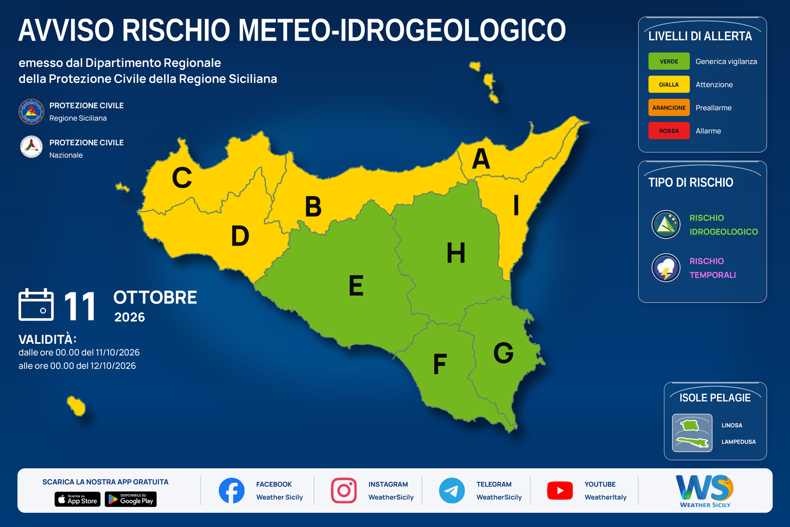 Mappa del bollettino regionale per domenica 11 ottobre 2026. Livello massimo: Allerta gialla · Attenzione. Zone e rischi descritti nella sezione successiva.