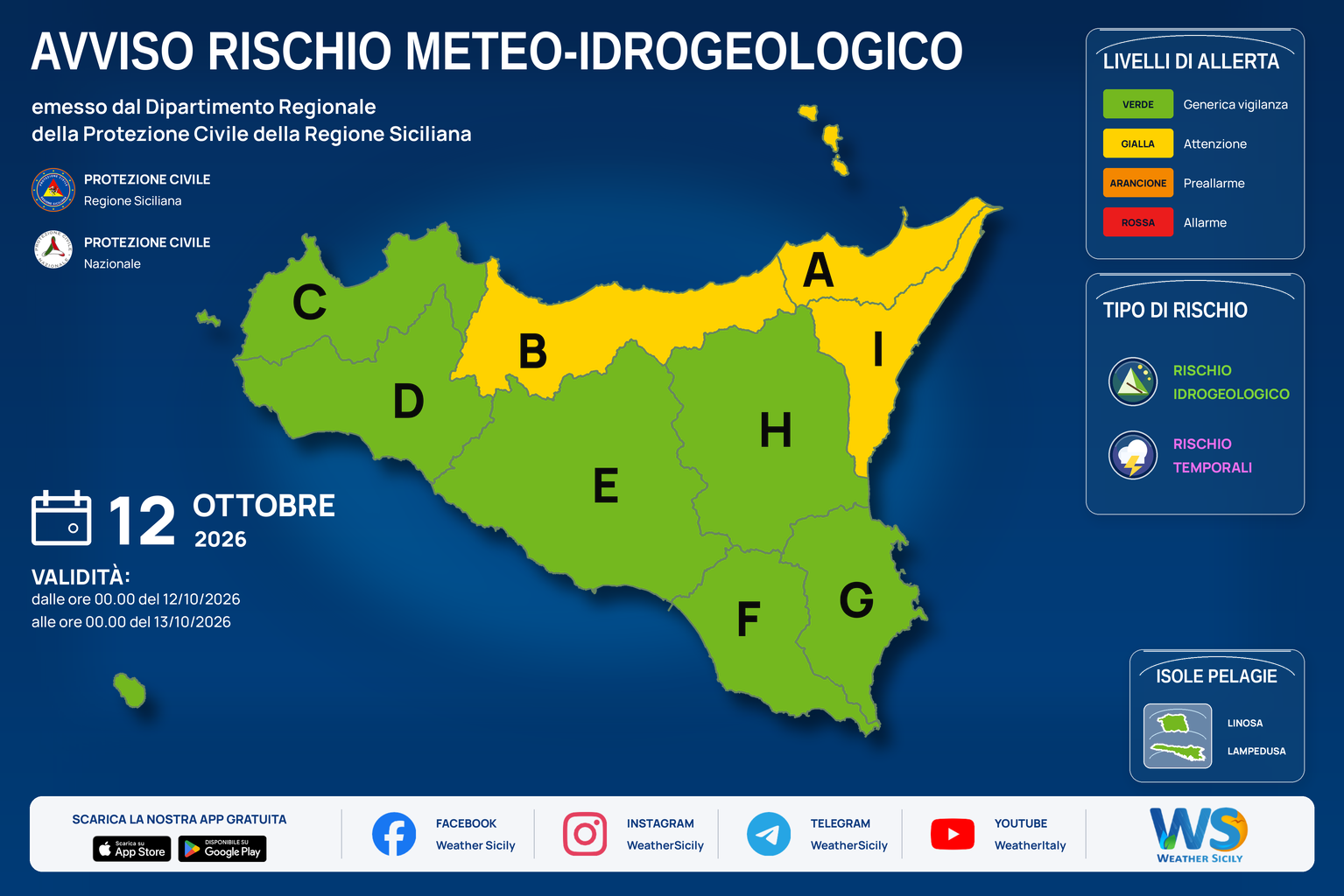 Mappa del bollettino regionale per lunedì 12 ottobre 2026. Livello massimo: Allerta gialla · Attenzione. Zone e rischi descritti nella sezione successiva.