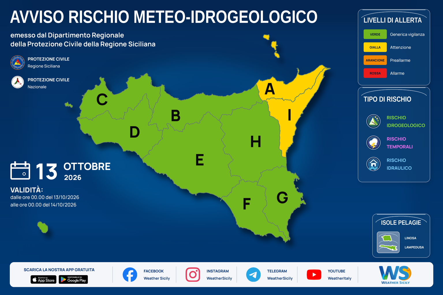 Mappa del bollettino regionale per martedì 13 ottobre 2026. Livello massimo: Allerta gialla · Attenzione. Zone e rischi descritti nella sezione successiva.