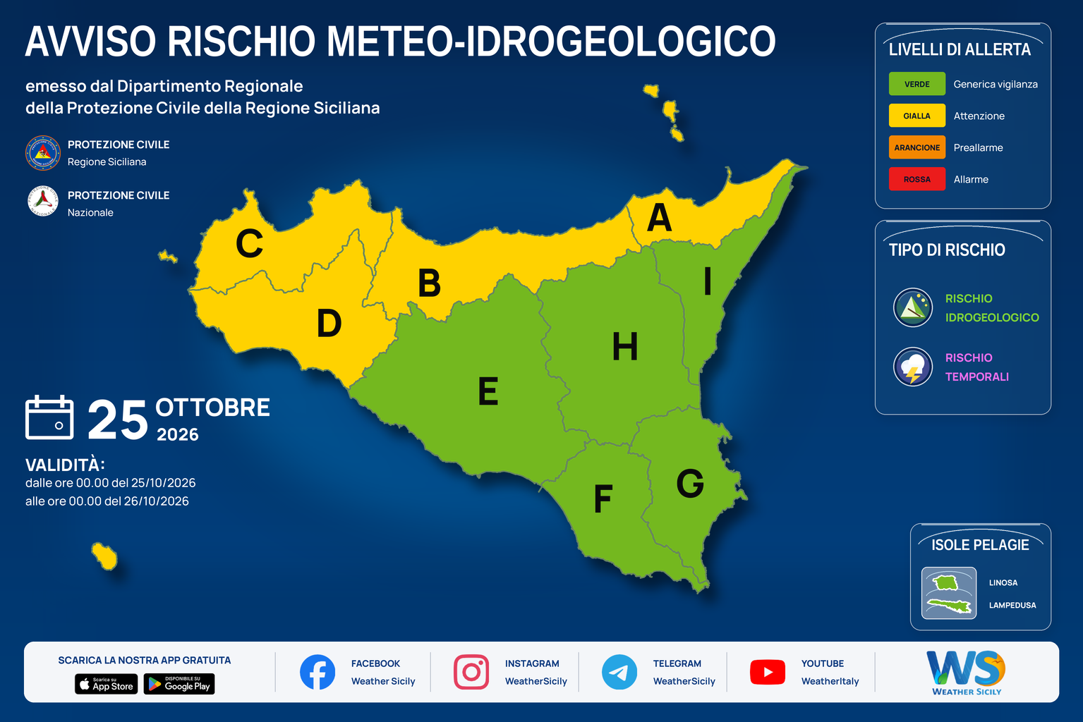 Mappa del bollettino regionale per domenica 25 ottobre 2026. Livello massimo: Allerta gialla · Attenzione. Zone e rischi descritti nella sezione successiva.