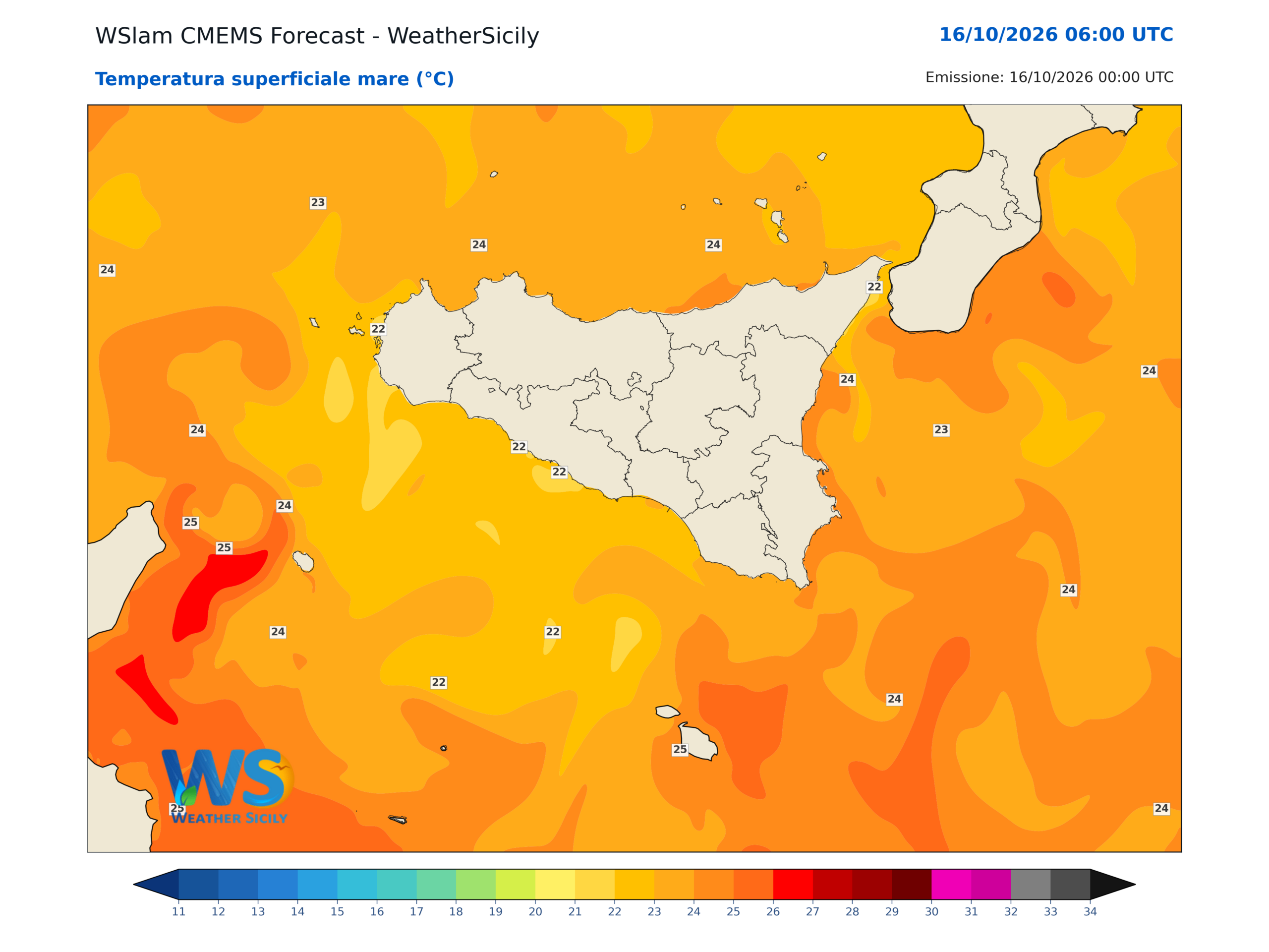 Temperatura del mare in Sicilia, media 23,3 gradi al 16/10/2026 08:00