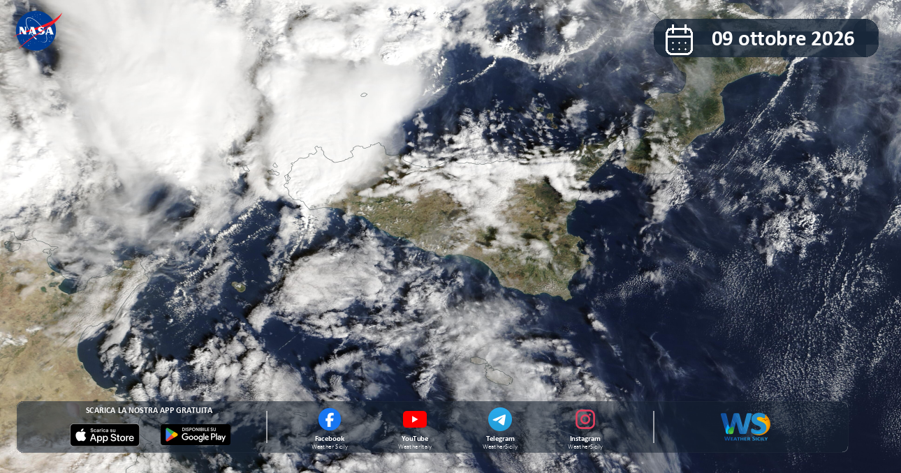 Meteo Sicilia: immagine satellitare NASA di venerdì 9 ottobre 2026