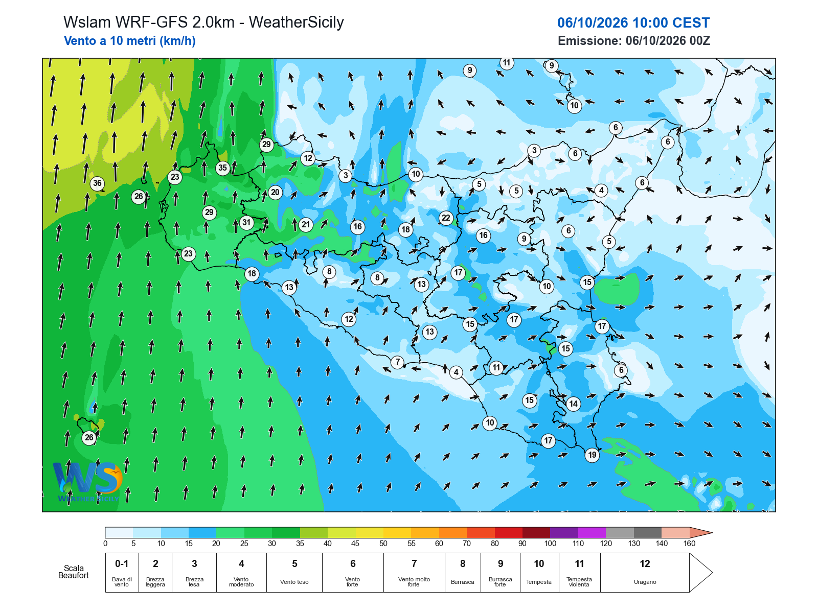 Vento medio a 10 metri in Sicilia alle 10:00
