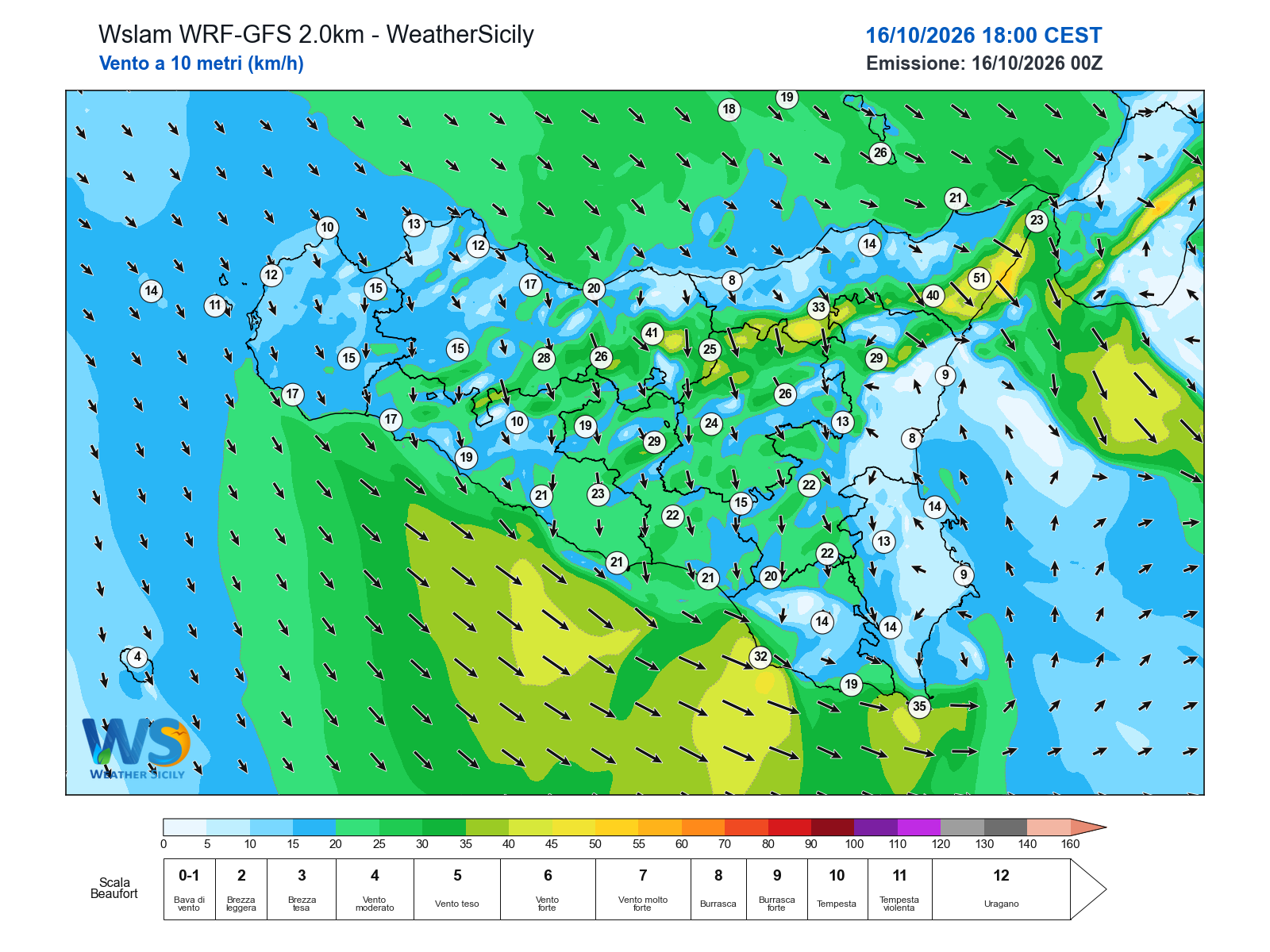 Vento medio a 10 metri in Sicilia alle 18:00
